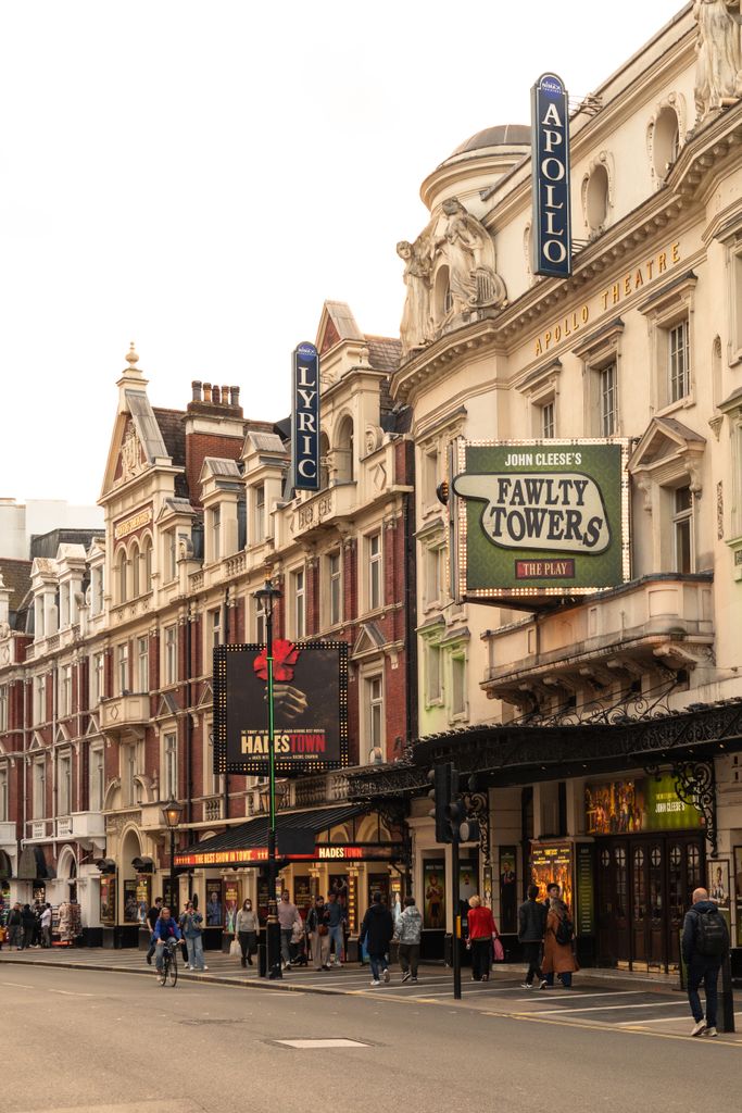 Vibrant street view in London's West End, showcasing Lyric Theatre and lively pedestrian activity.